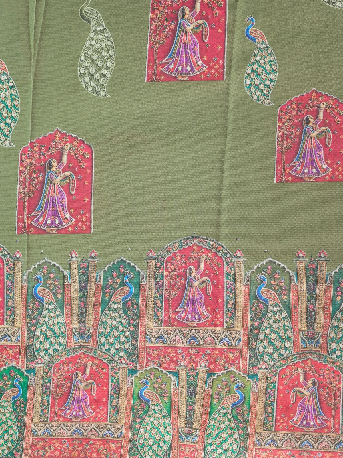 Olive green Dola silk saree with multicolour dancing lady and peacock prints and gold zari border