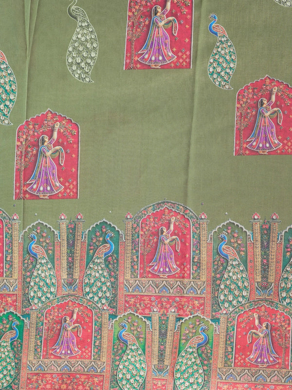Olive green Dola silk saree with multicolour dancing lady and peacock prints and gold zari border