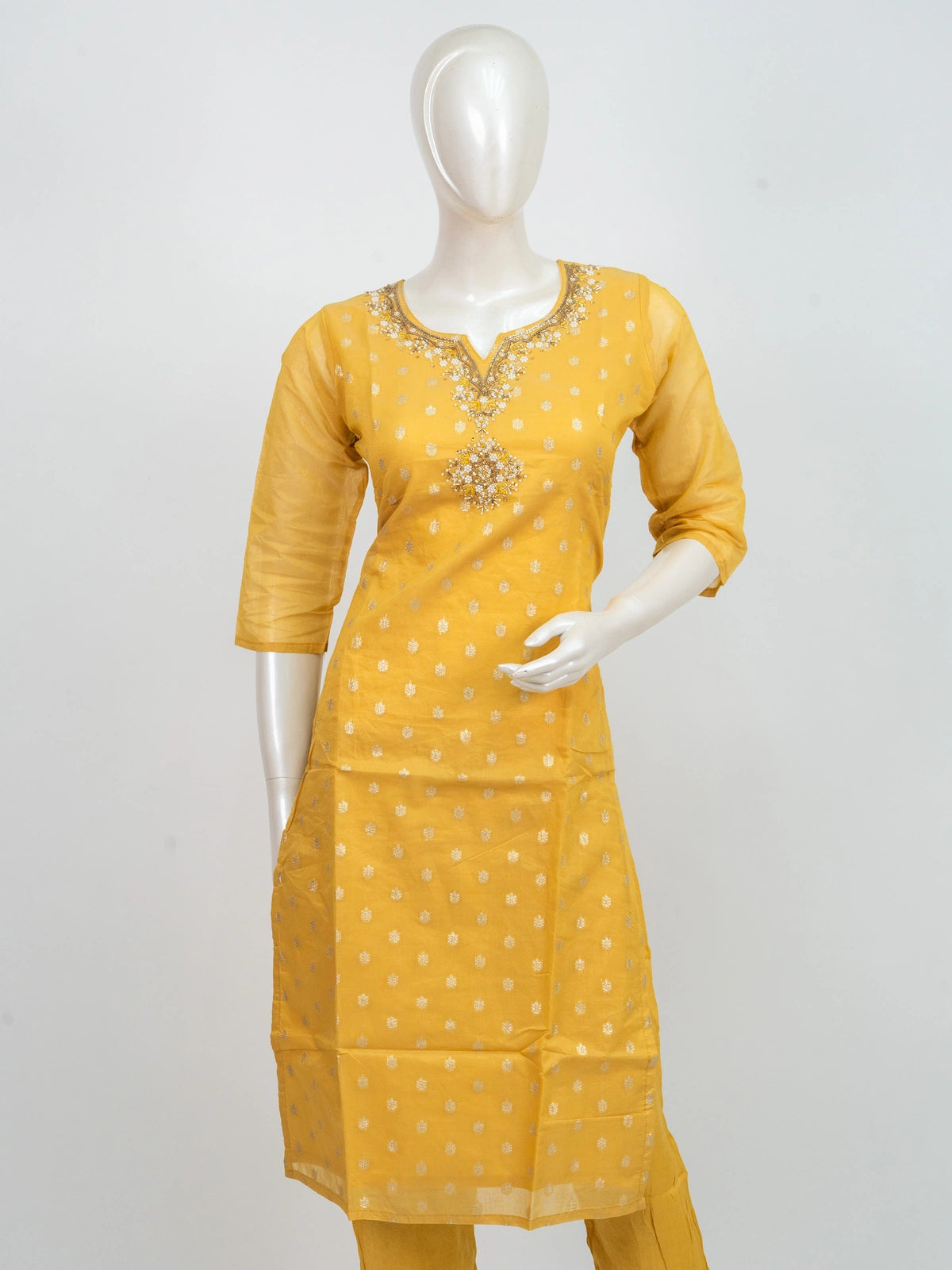 Yellow Chanderi silk zari embroidered straight cut kurti set with gold dupatta