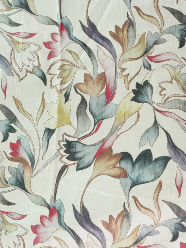 Cream semi tussar saree with multicolour floral print and grey gold zari border