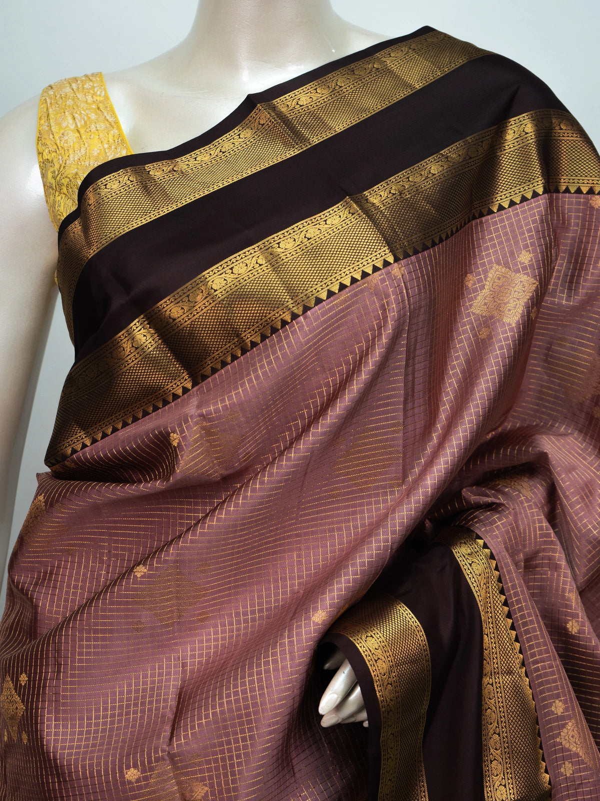 Onion pink pure Kanchipuram silk saree with checked body, gold zari buttas and contrast maroon zari border