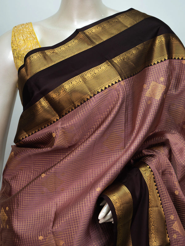 Onion pink pure Kanchipuram silk saree with checked body, gold zari buttas and contrast maroon zari border