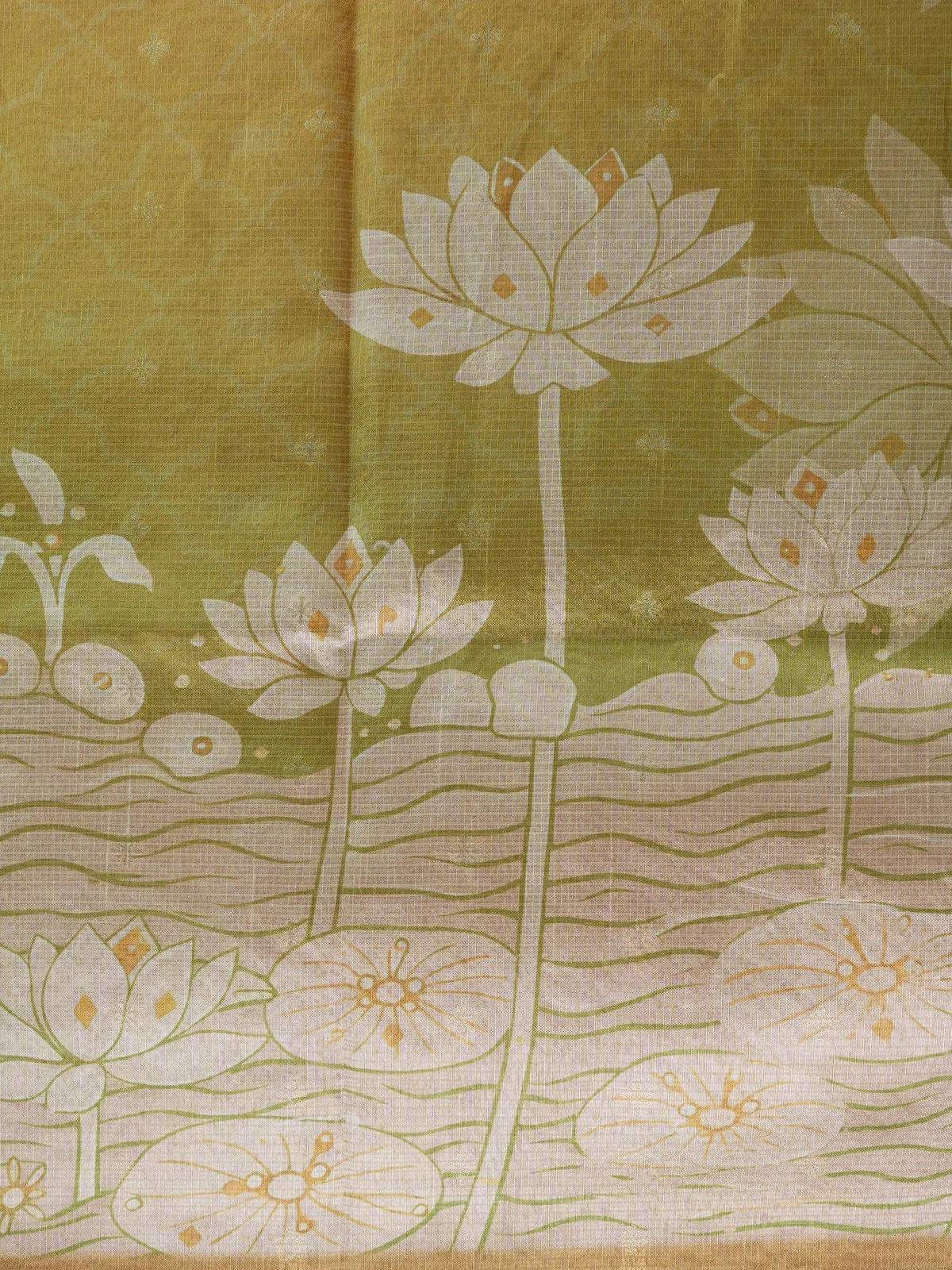 Mustard yellow and olive green Semi Tussar saree with white lotus-pond print and gold zari border