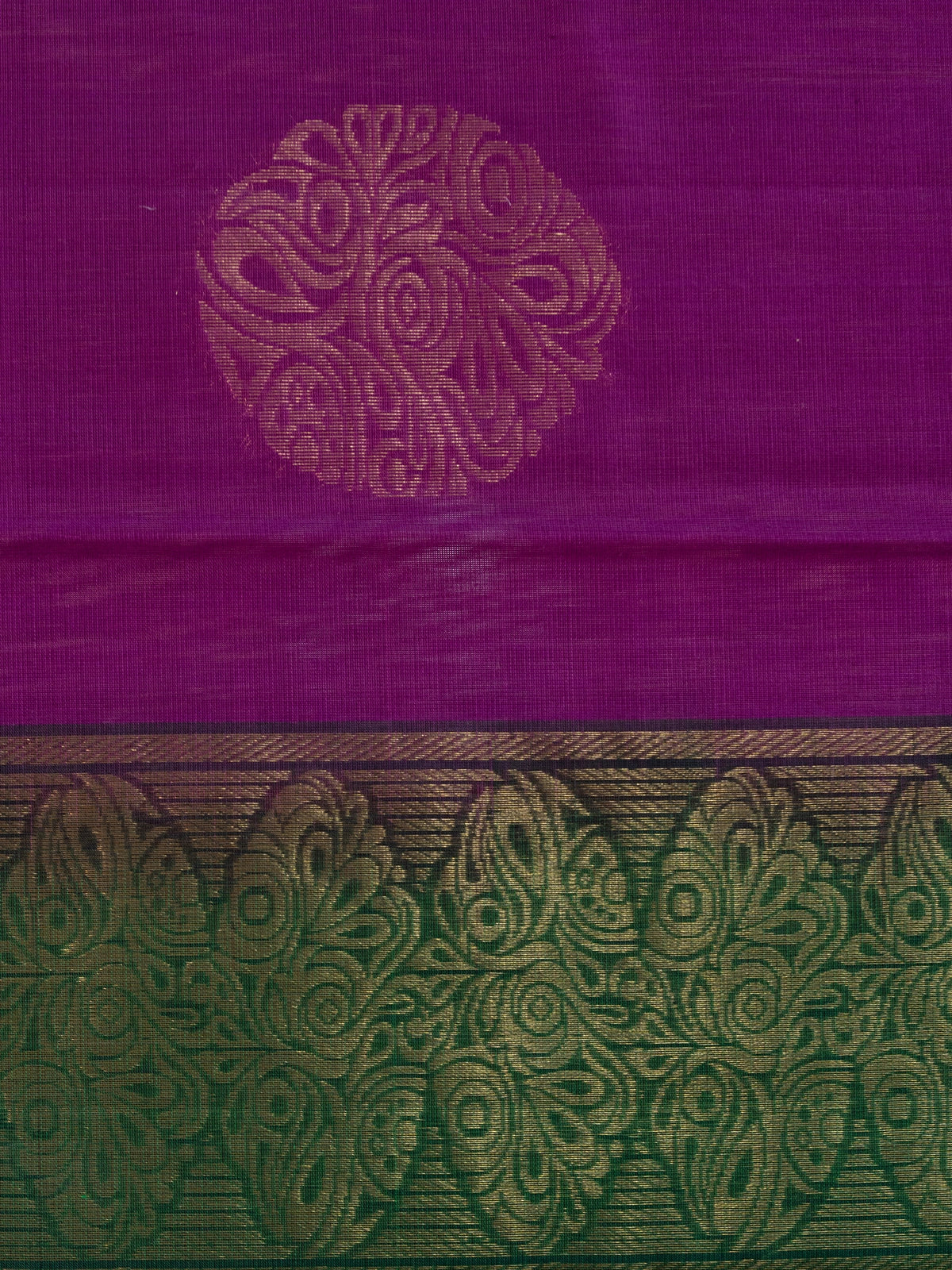 Magenta purple pure silk cotton saree with contrast green gold zari border and buttas