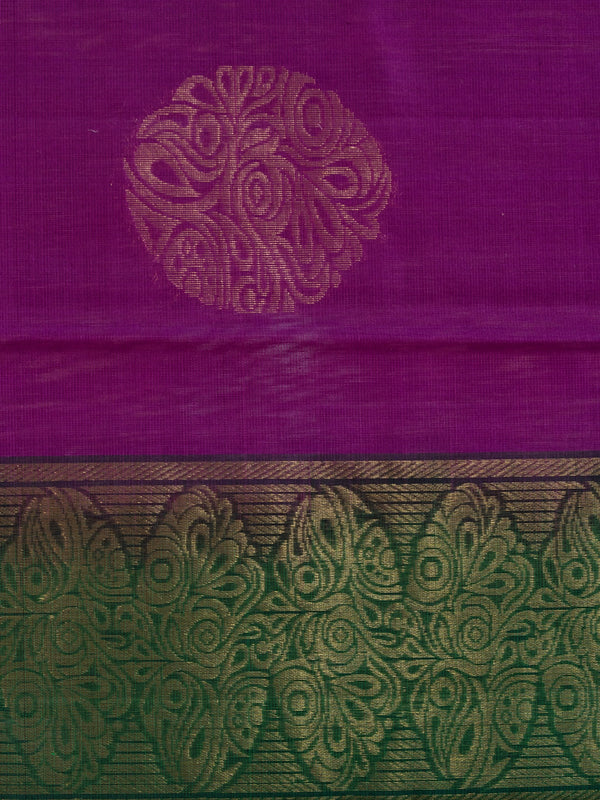 Magenta purple pure silk cotton saree with contrast green gold zari border and buttas