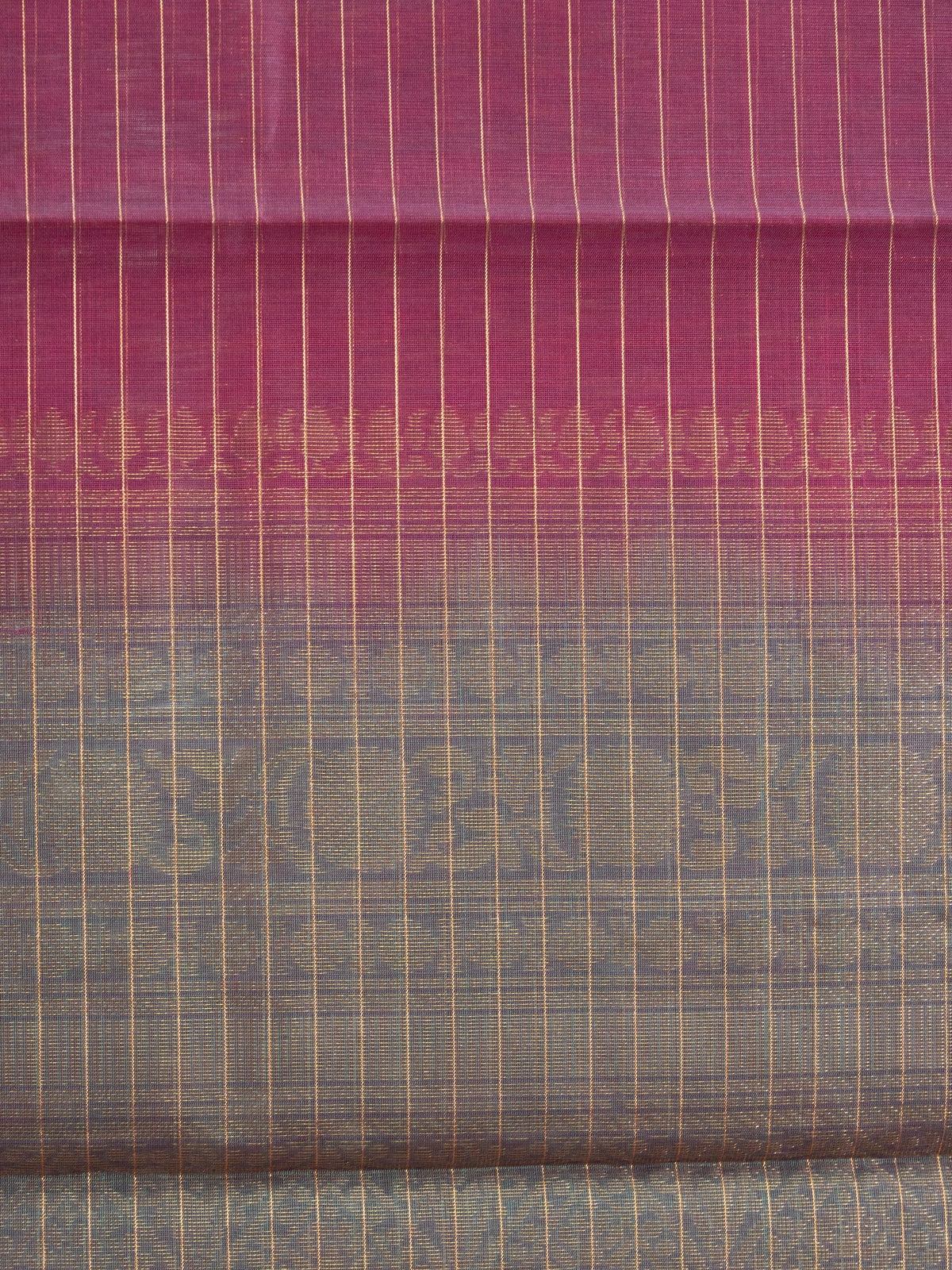 Magenta pure silk cotton saree with gold zari checks and grey-green contrast zari border