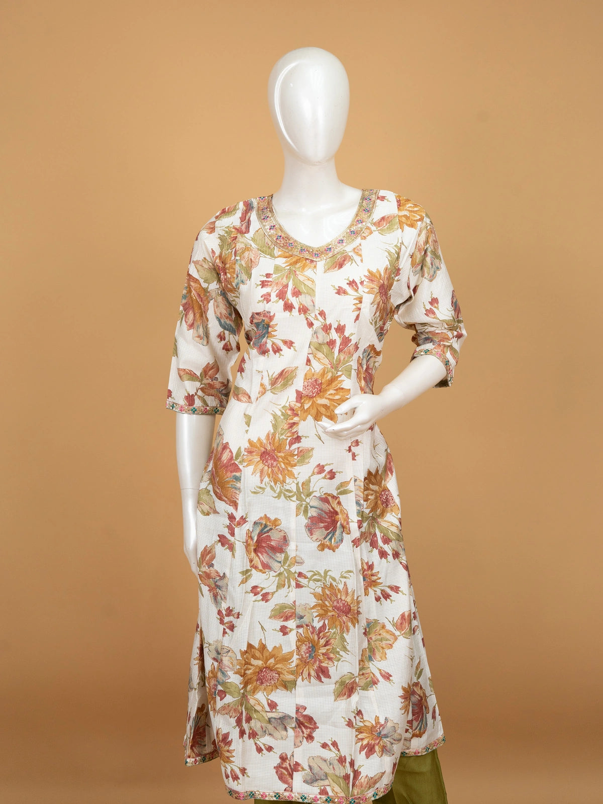 Cream floral printed cotton A-Line kurti set with embroidered neckline and green dupatta