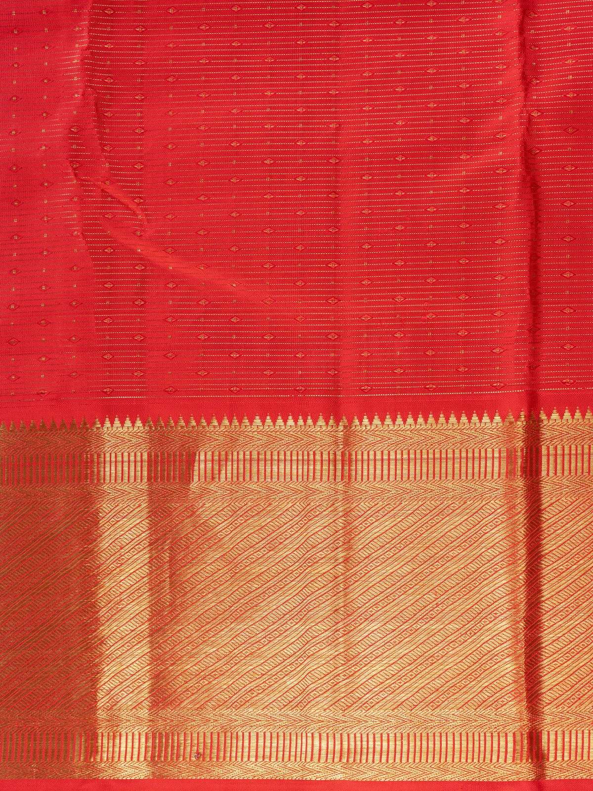 Red pure Kanchipuram silk saree with gold zari buti body, contrast temple-style gold border and paisley zari pallu