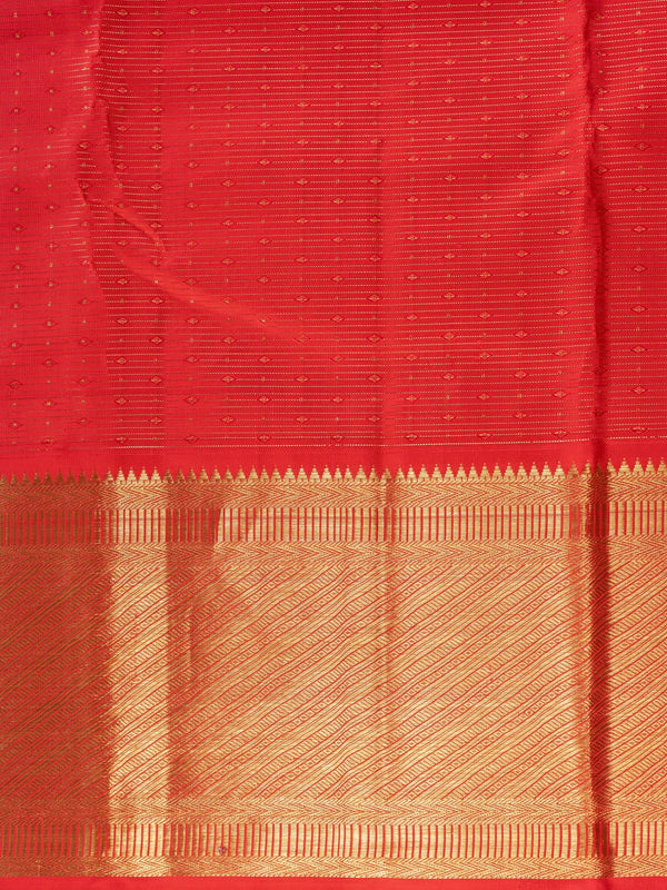 Red pure Kanchipuram silk saree with gold zari buti body, contrast temple-style gold border and paisley zari pallu