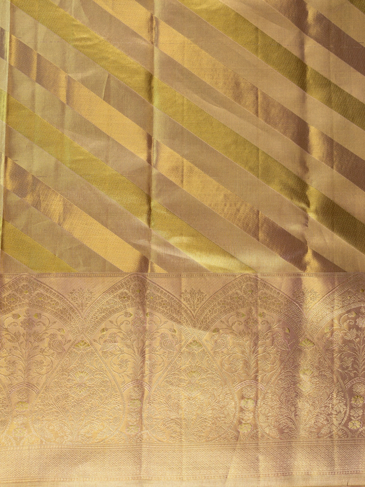 Gold and cream pure Kanchipuram silk saree with diagonal gold zari stripes and an ornate floral zari border