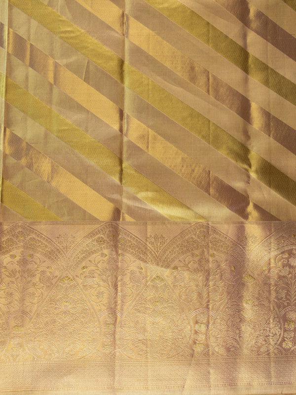 Gold and cream pure Kanchipuram silk saree with diagonal gold zari stripes and an ornate floral zari border