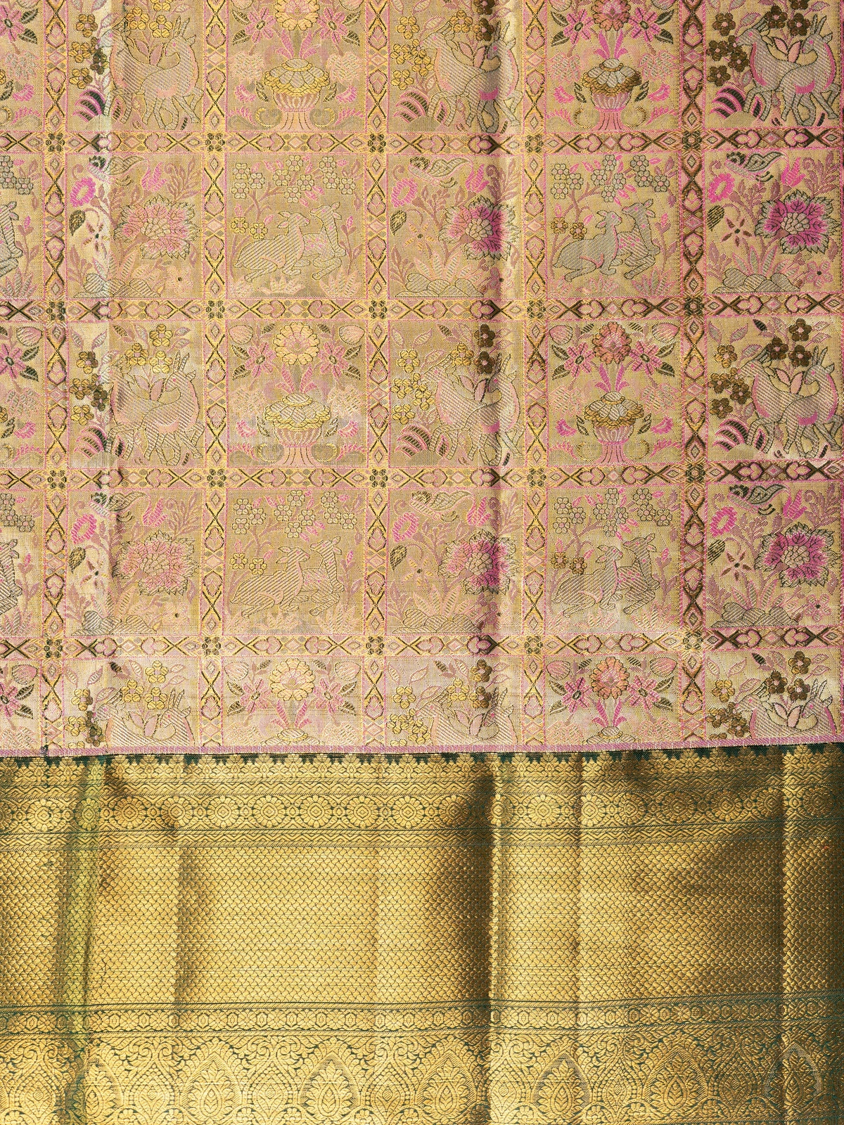 Pink and green Pure Kanchipuram silk saree with gold zari brocade motifs and contrast green border