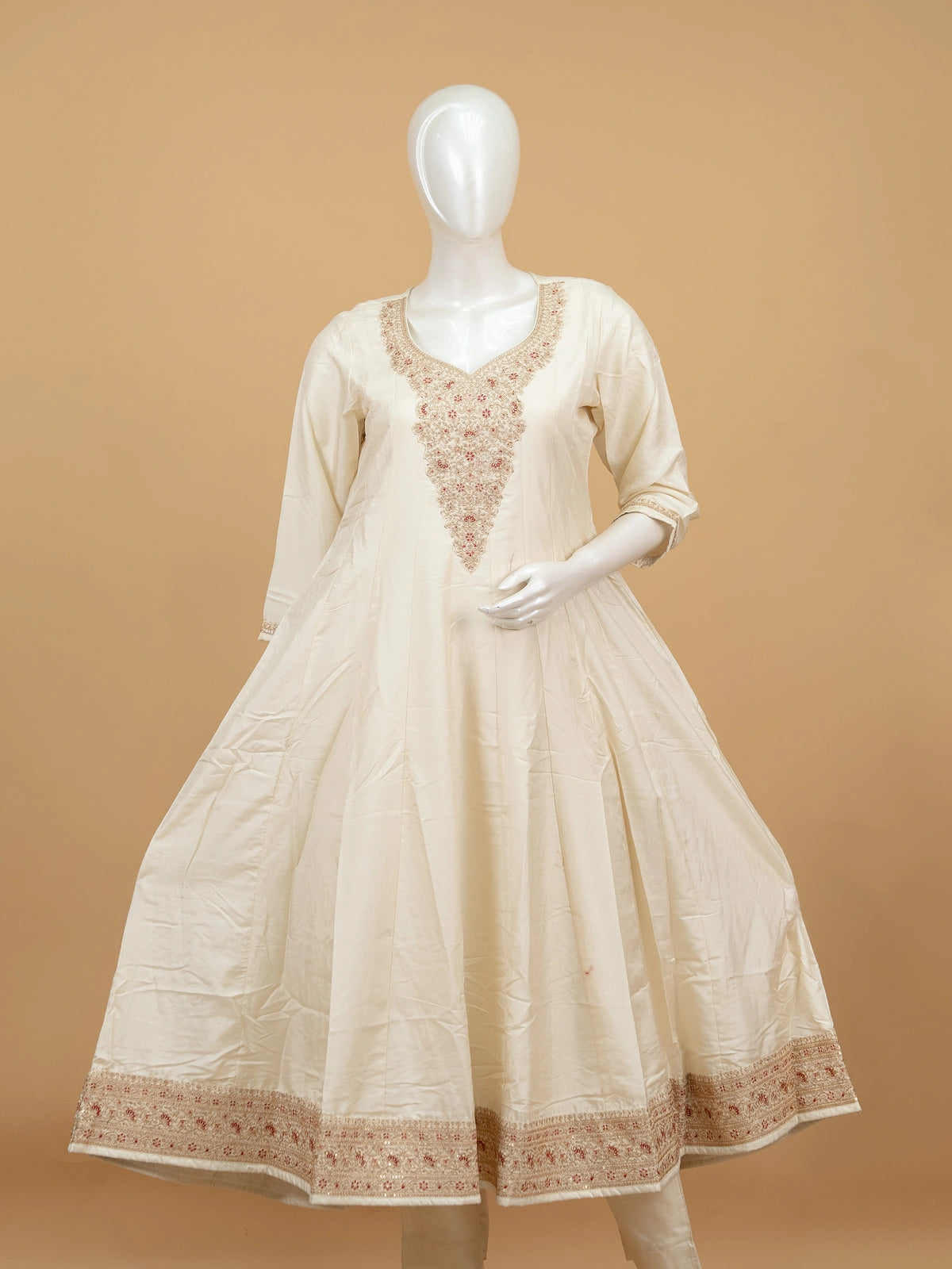 Cream zari embroidered anarkali kurti set with maroon bandhani dupatta and cream straight pants