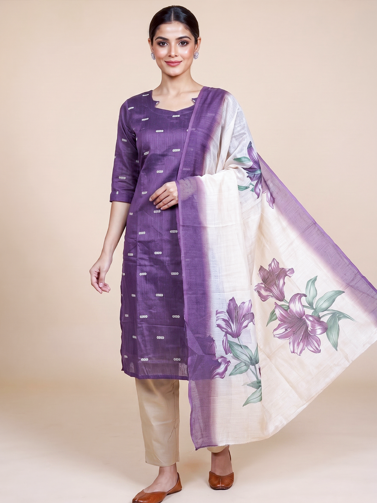 Purple zari butti kurti set with straight-fit cream pants and floral print dupatta