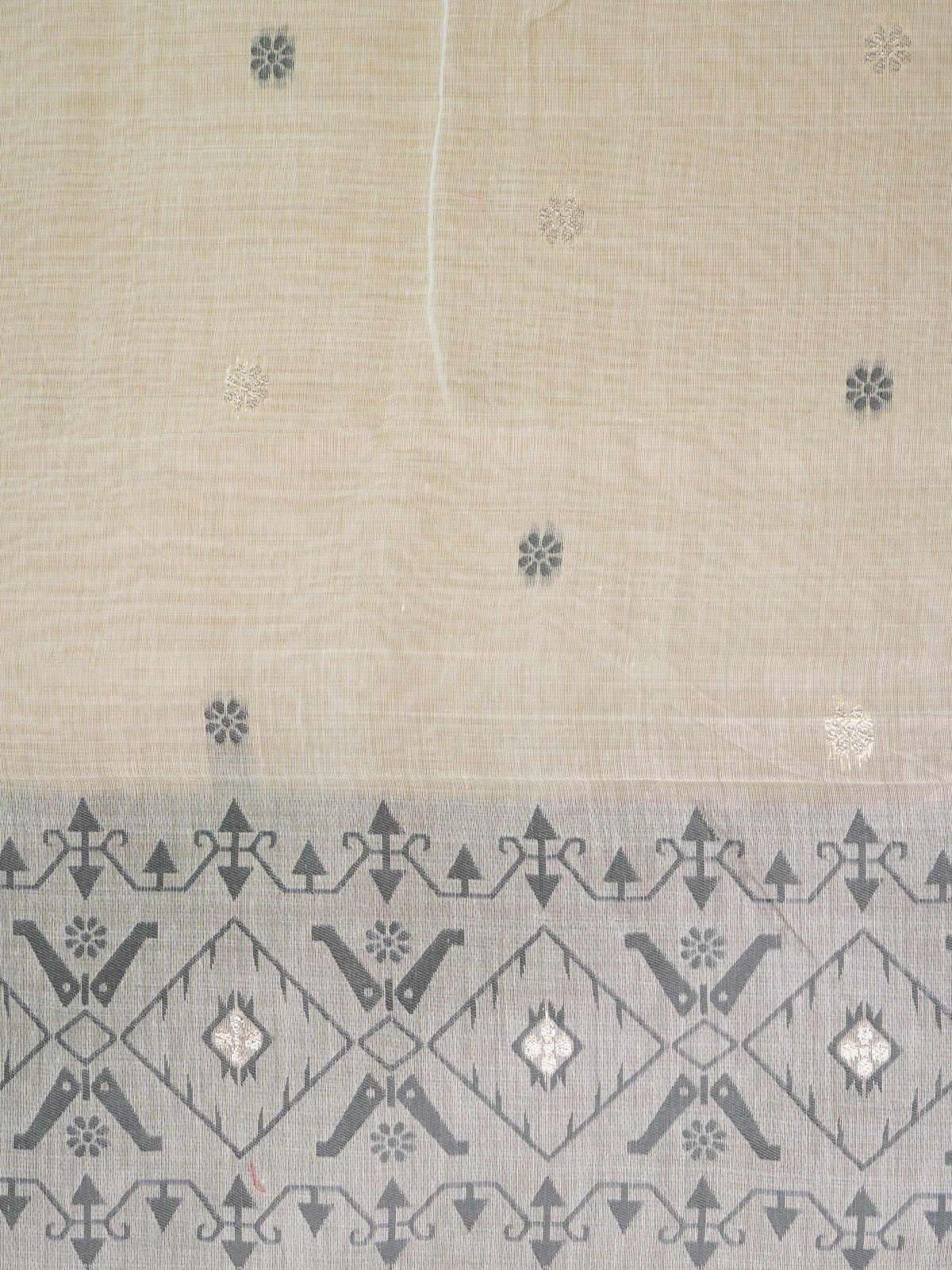 Cream and grey linen cotton saree with geometric grey pallu, border and silver zari floral buttas