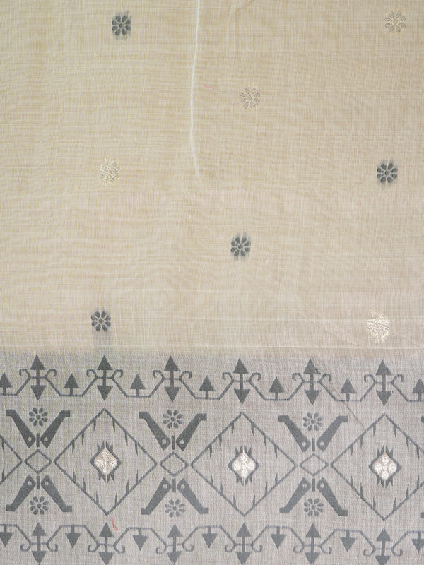 Cream and grey linen cotton saree with geometric grey pallu, border and silver zari floral buttas
