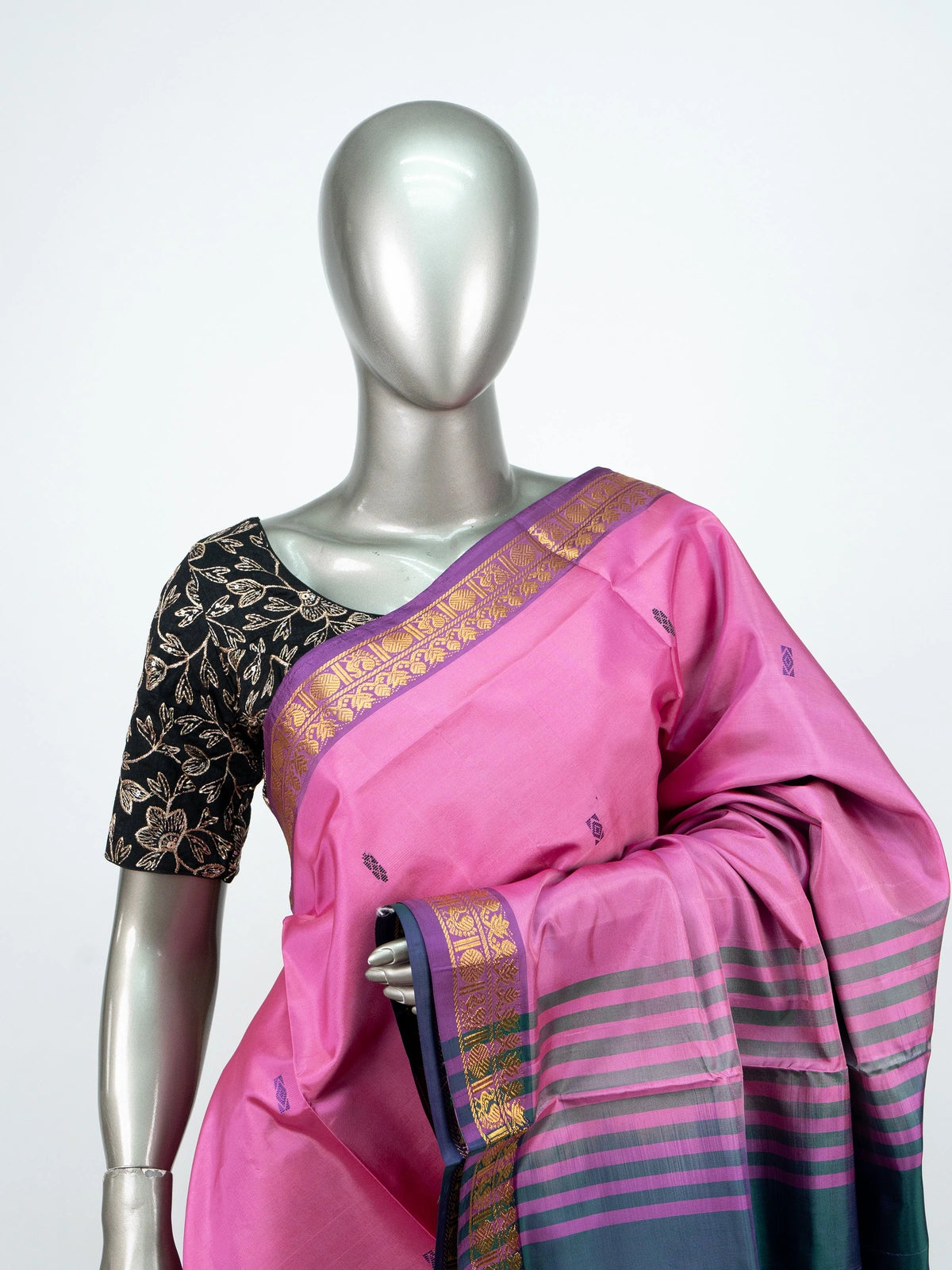 Pink and teal green Banana Silk saree with gold zari border and contrast striped pallu