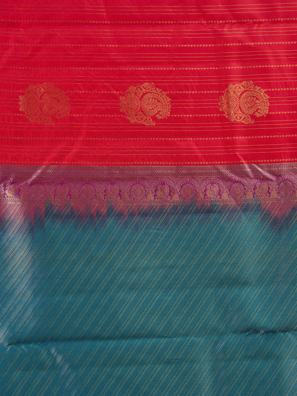 Red pure Kanchipuram silk saree with gold zari buttas and a contrast peacock-blue zari border
