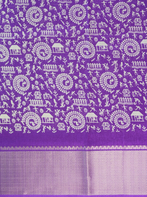Purple Dola silk saree with white Warli tribal print and silver zari border