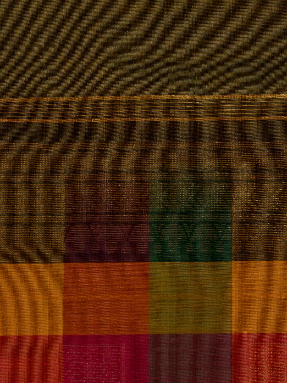 Mehendi green pure silk cotton saree with gold zari buttas and multicolour checked pallu