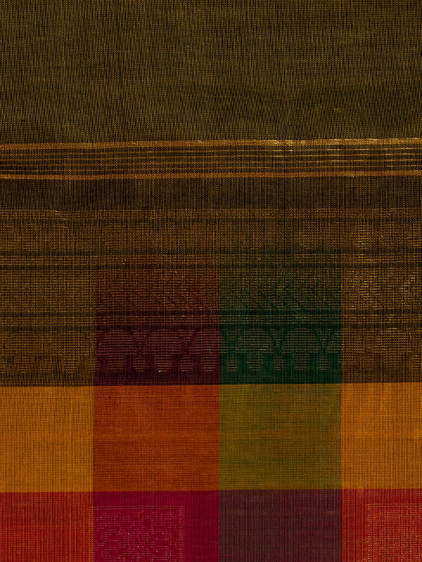 Mehendi green pure silk cotton saree with gold zari buttas and multicolour checked pallu
