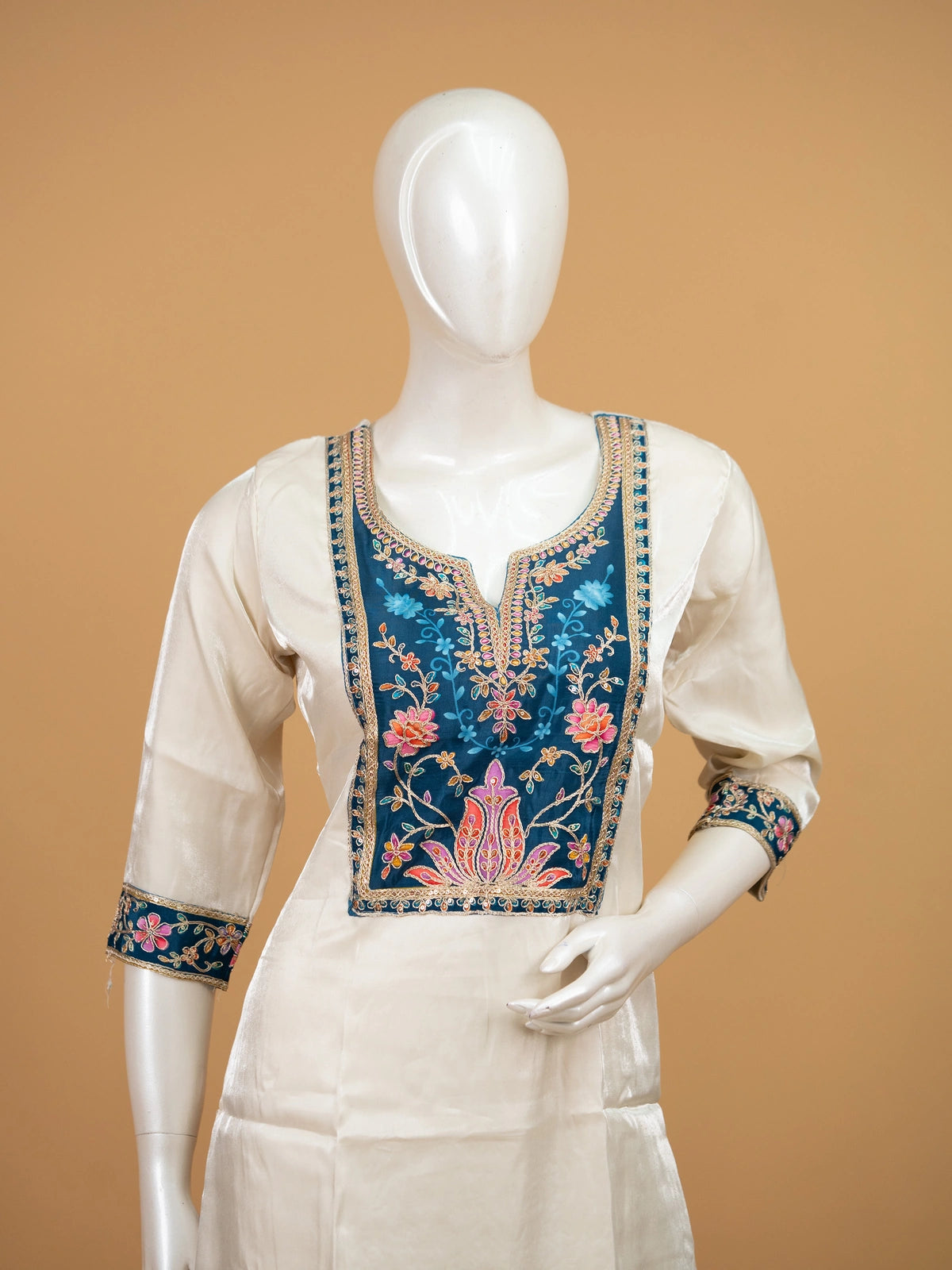 Cream art silk straight cut kurti set with teal floral embroidered yoke and printed dupatta