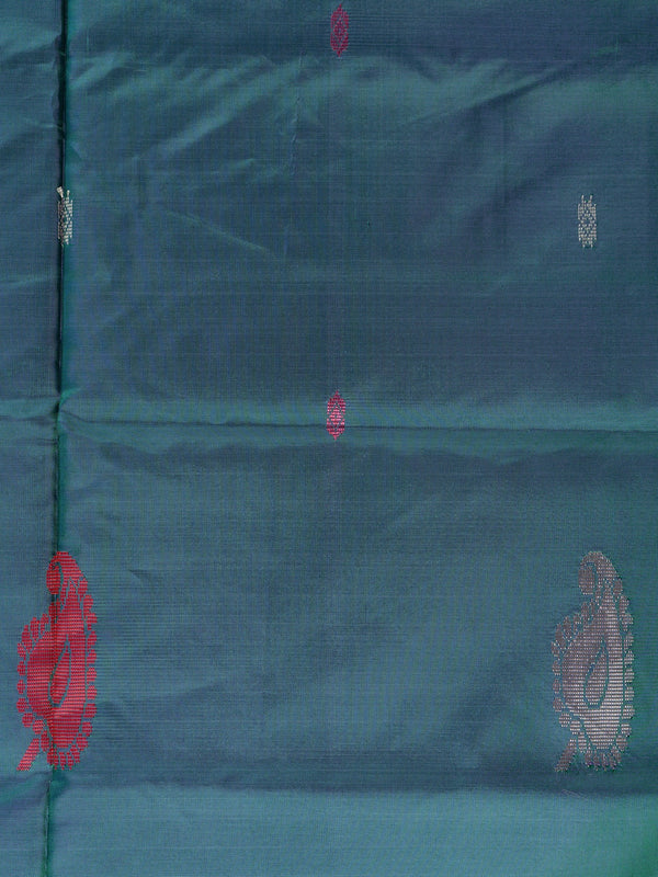 Teal green and pink banana silk saree with paisley butas and striped contrast pallu