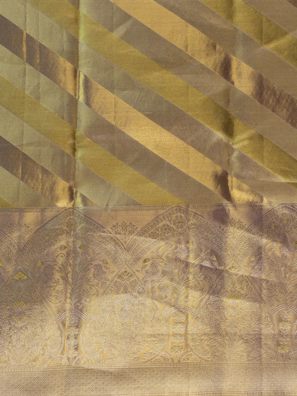 Gold and lilac pure Kanchipuram silk saree with diagonal zari stripes and floral zari border