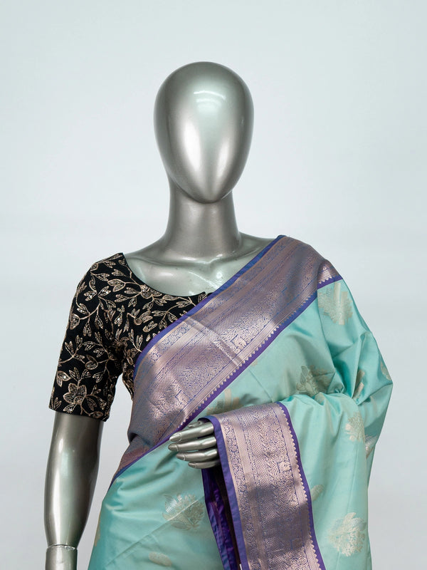 Turquoise and purple semi silk saree with silver zari border and paisley pallu