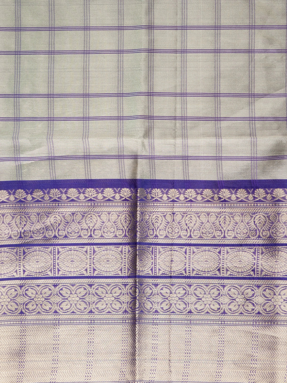 Sage green checked Kanchi semi silk saree with contrast violet gold zari border and pallu