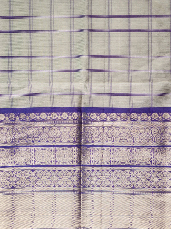 Sage green checked Kanchi semi silk saree with contrast violet gold zari border and pallu
