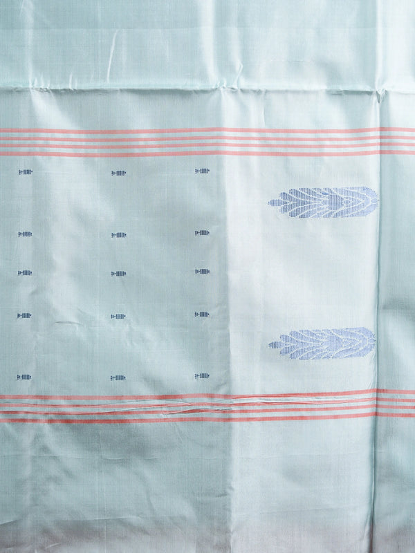 Red banana silk saree with gold butta and contrast light blue striped pallu