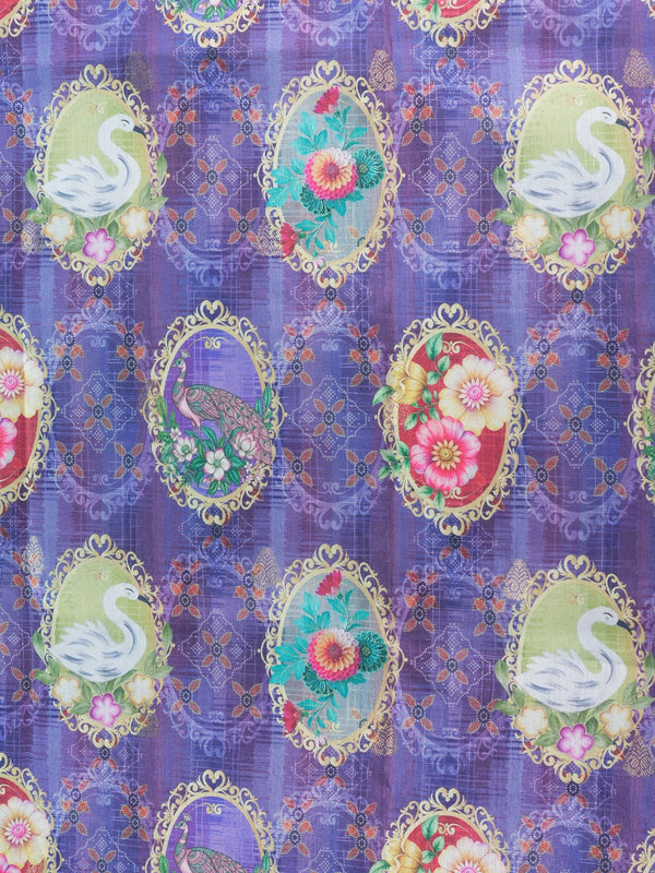 Violet Dola silk saree with gold-framed swan and floral cameo prints and a contrast zari border