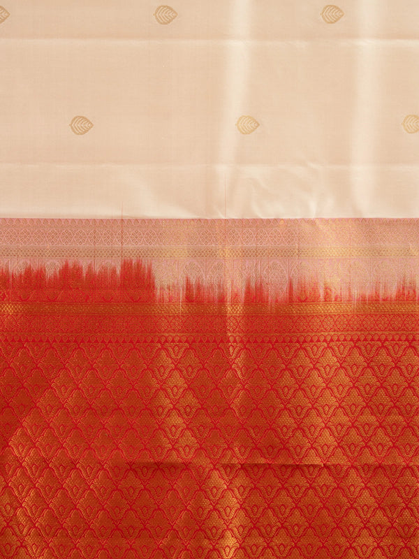 Cream pure Kanchipuram silk saree with contrast red gold zari border and pallu