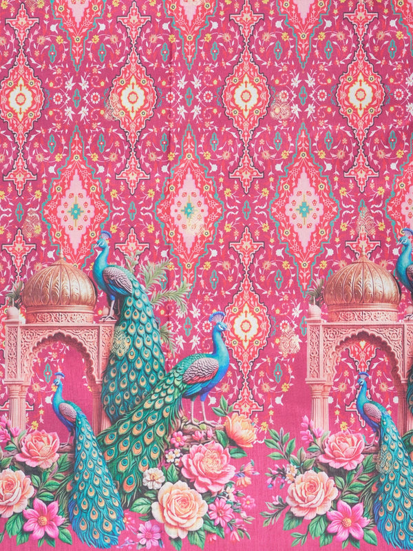 Pink Dola silk saree with patola print body, gold zari border and peacock floral pallu