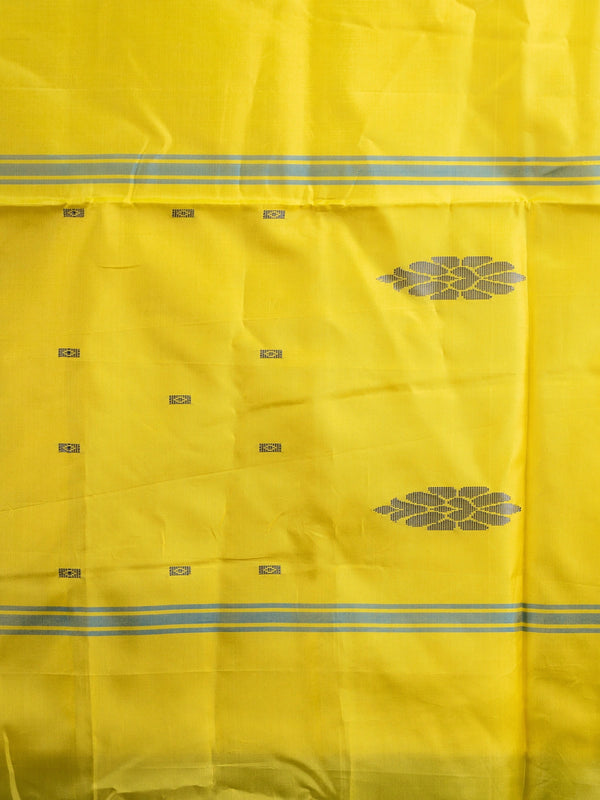 Blue Banana silk saree with yellow contrast pallu and silver zari floral buttas