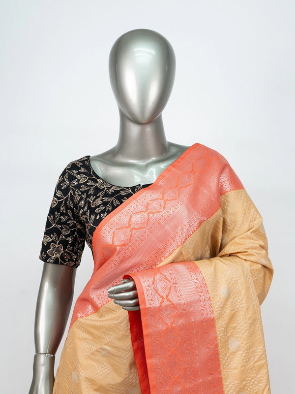 Beige semi silk saree with coral silver zari border and Vaira Oosi Design woven buttas