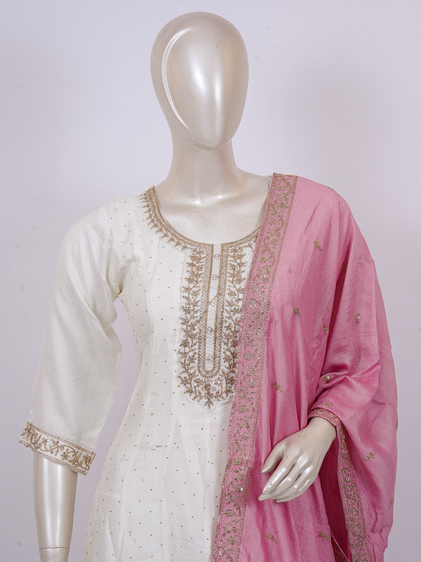 Off-white cream zari embroidered kurti set with pink embroidered dupatta and straight pants