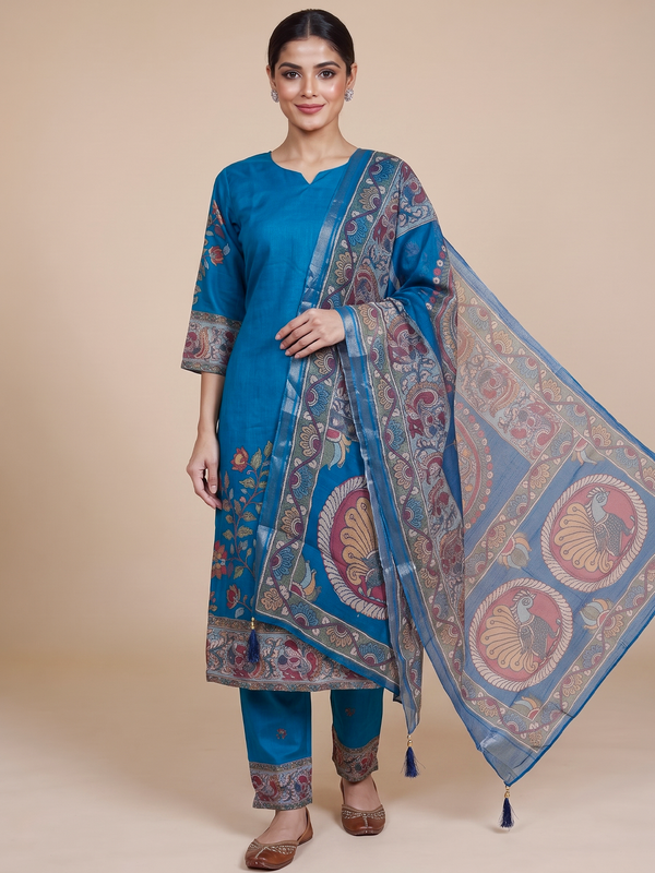 Teal Blue Kalamkari print kurti set with straight pants and multicolour peacock motif dupatta