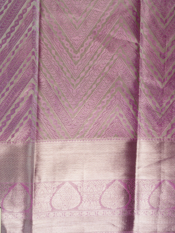 Mauve pink pure Kanchipuram silk saree with silver zari chevron weave and contrast border