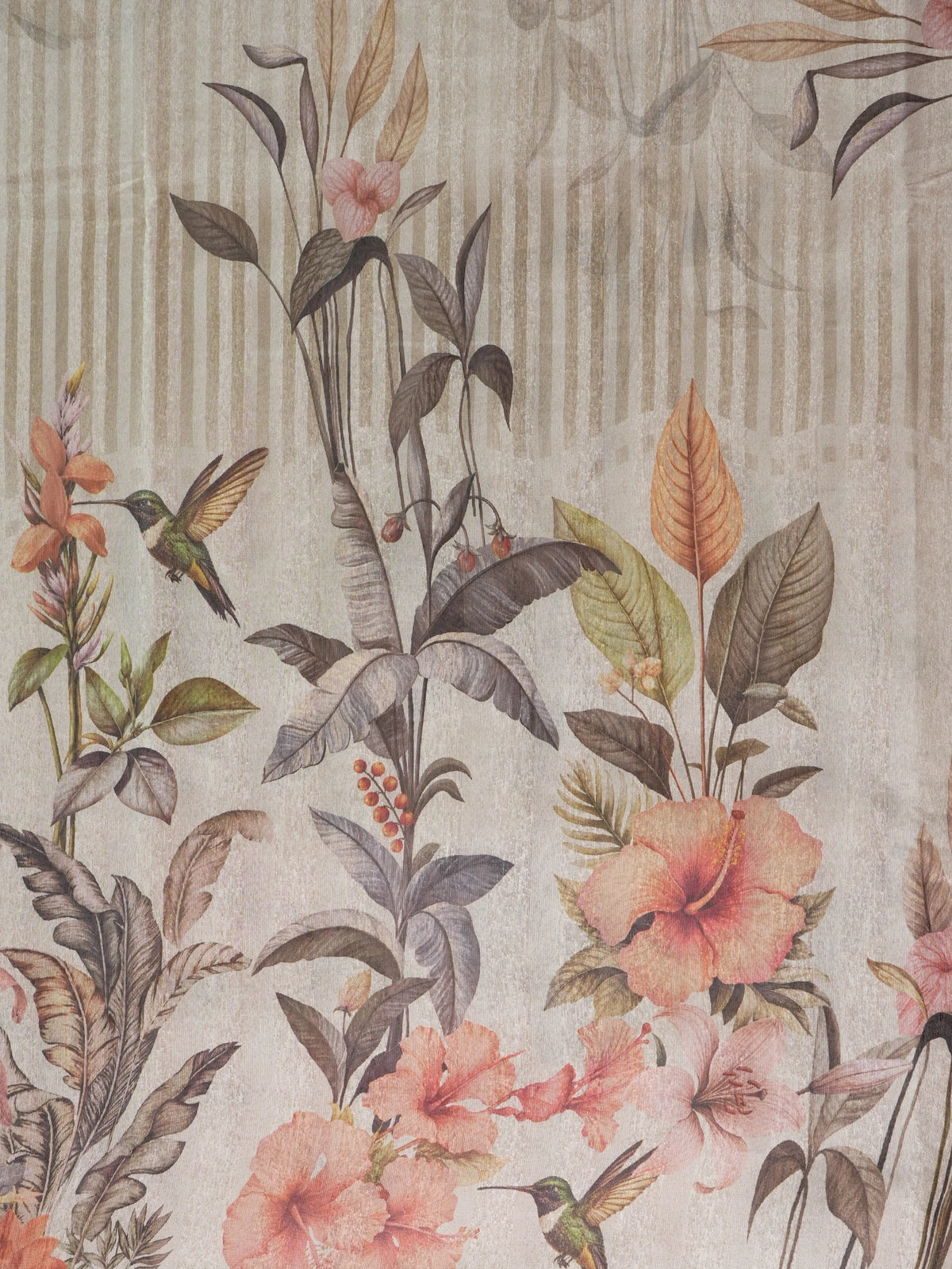 Beige linen cotton saree with tropical floral hummingbird print and gold zari border