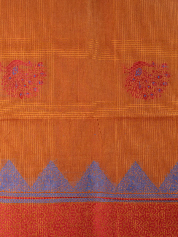 Rust orange silk cotton saree with pink zari border and blue and red peacock motifs