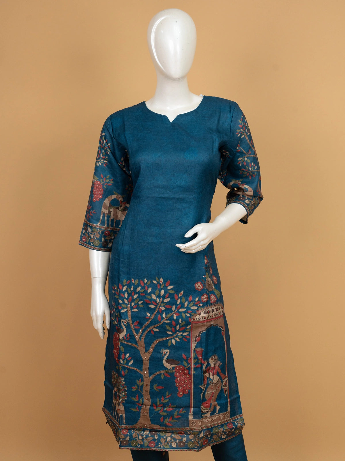 Teal Blue Kalamkari printed cotton straight cut kurti set with pants and dupatta
