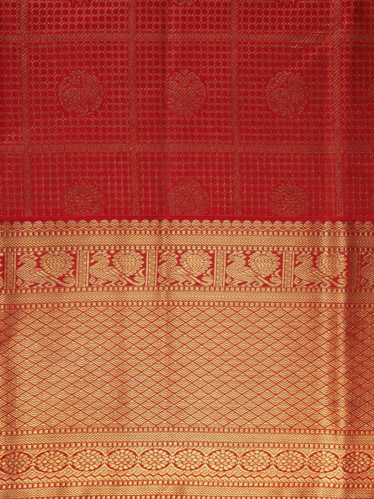 Red pure Kanchipuram silk saree with checked body, gold zari border and ornate zari pallu