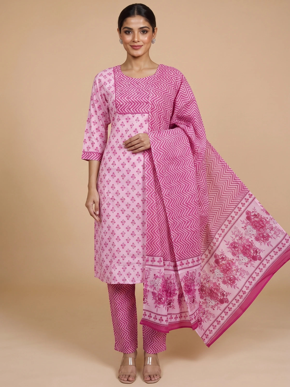 Pink floral cotton kurti set with magenta chevron yoke, straight pants and printed dupatta