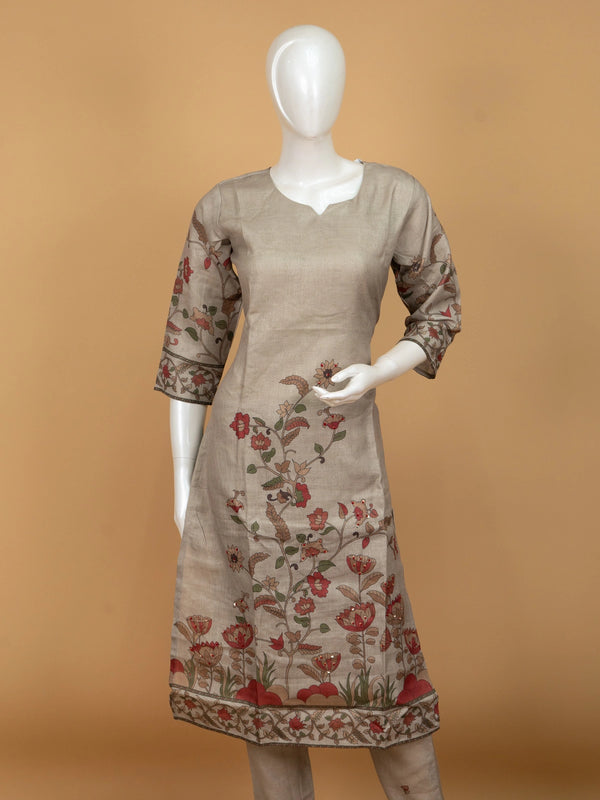 Beige Kalamkari floral cotton straight cut kurti set with black printed dupatta and pants