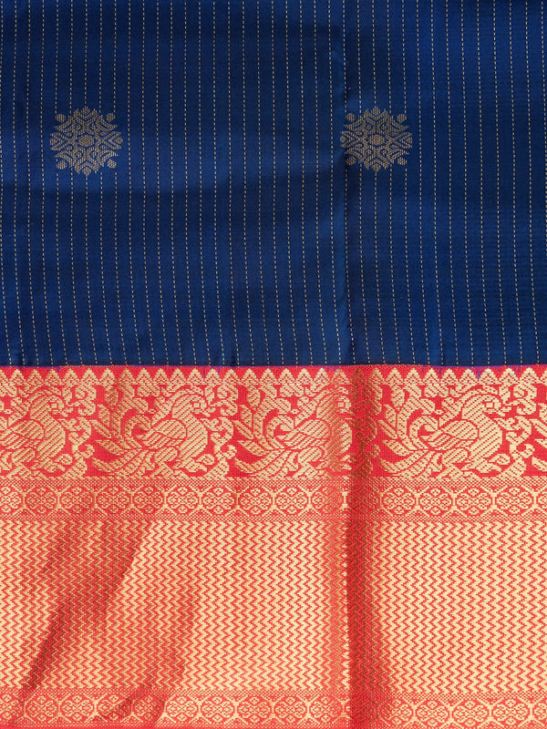 Navy blue pure Kanchipuram silk saree with gold zari stripes, floral buttas and contrast red gold zari border