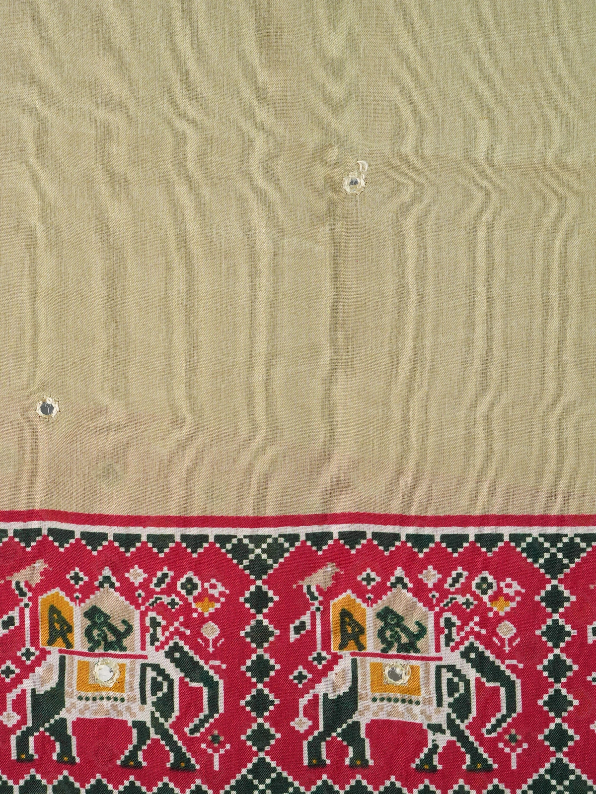 Beige linen cotton saree with red patola-print elephant motif border and pallu