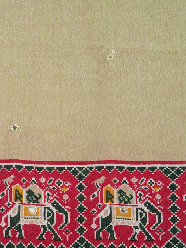 Beige linen cotton saree with red patola-print elephant motif border and pallu