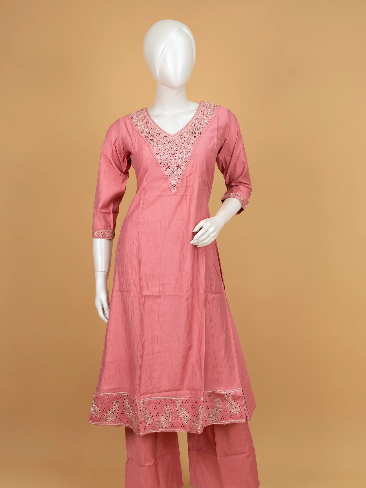 Rose Pink cotton embroidered A-Line kurti set with maroon contrast zari dupatta